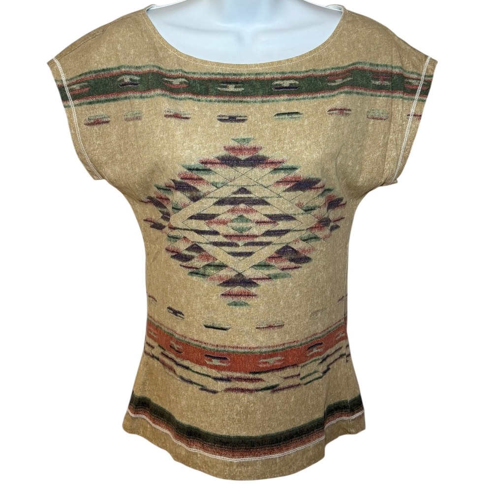 Lauren Jeans Co Ralph Lauren Aztec Geometric‎ Tan Top Womens XS Round Neck S/S